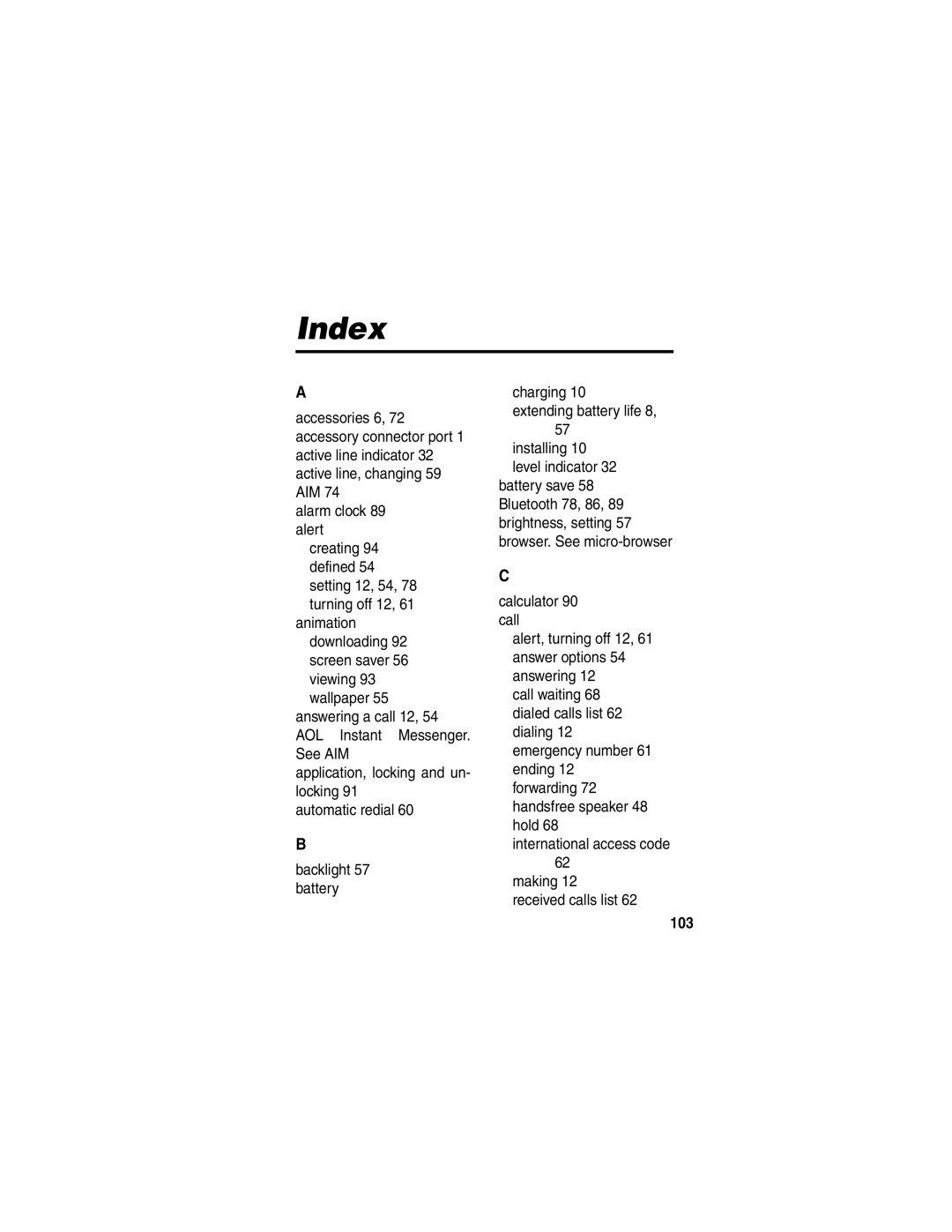 Motorola V635 manual Index, 103 