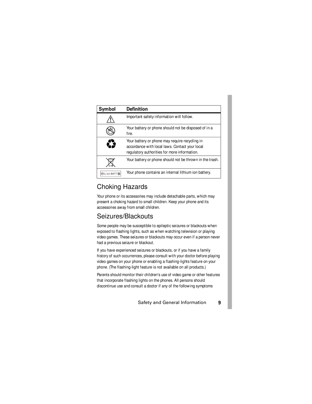 Motorola V635 manual Choking Hazards 