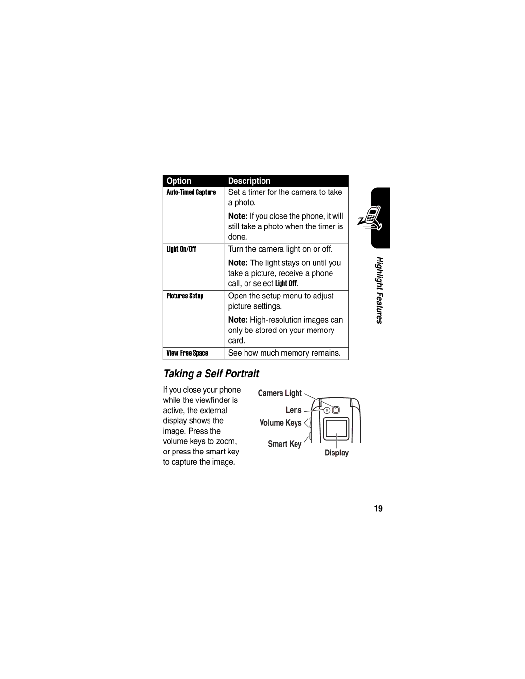 Motorola V635 manual Taking a Self Portrait, Camera Light, Volume Keys Smart Key Display 