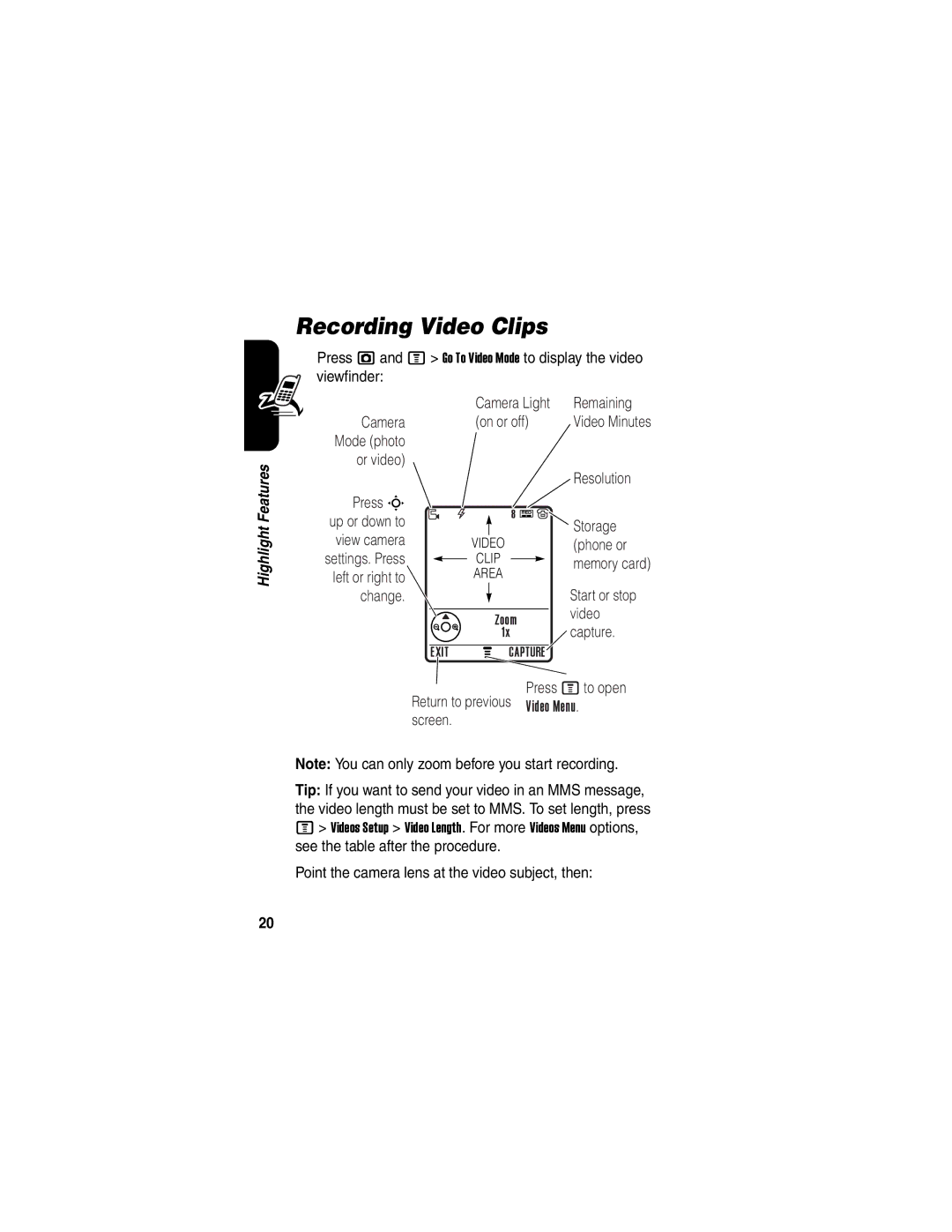 Motorola V635 manual Recording Video Clips, Capture, Press Mto open Return to previous Video Menu. screen 