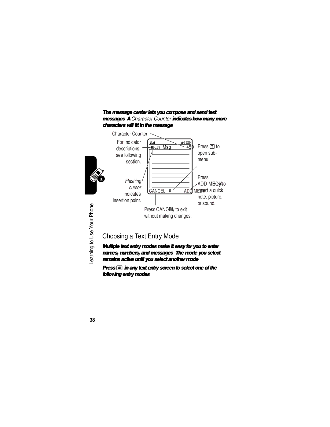 Motorola V635 manual Choosing a Text Entry Mode 