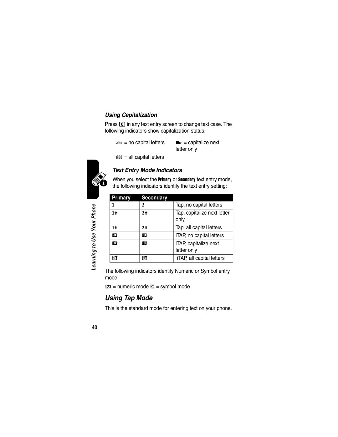 Motorola V635 manual Using Tap Mode 