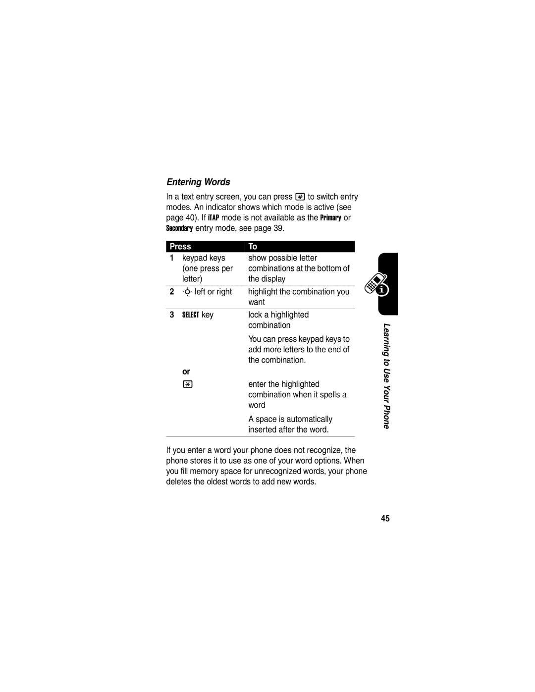 Motorola V635 manual Keypad keys Show possible letter One press per, Letter Display Left or right, Want, Lock a highlighted 