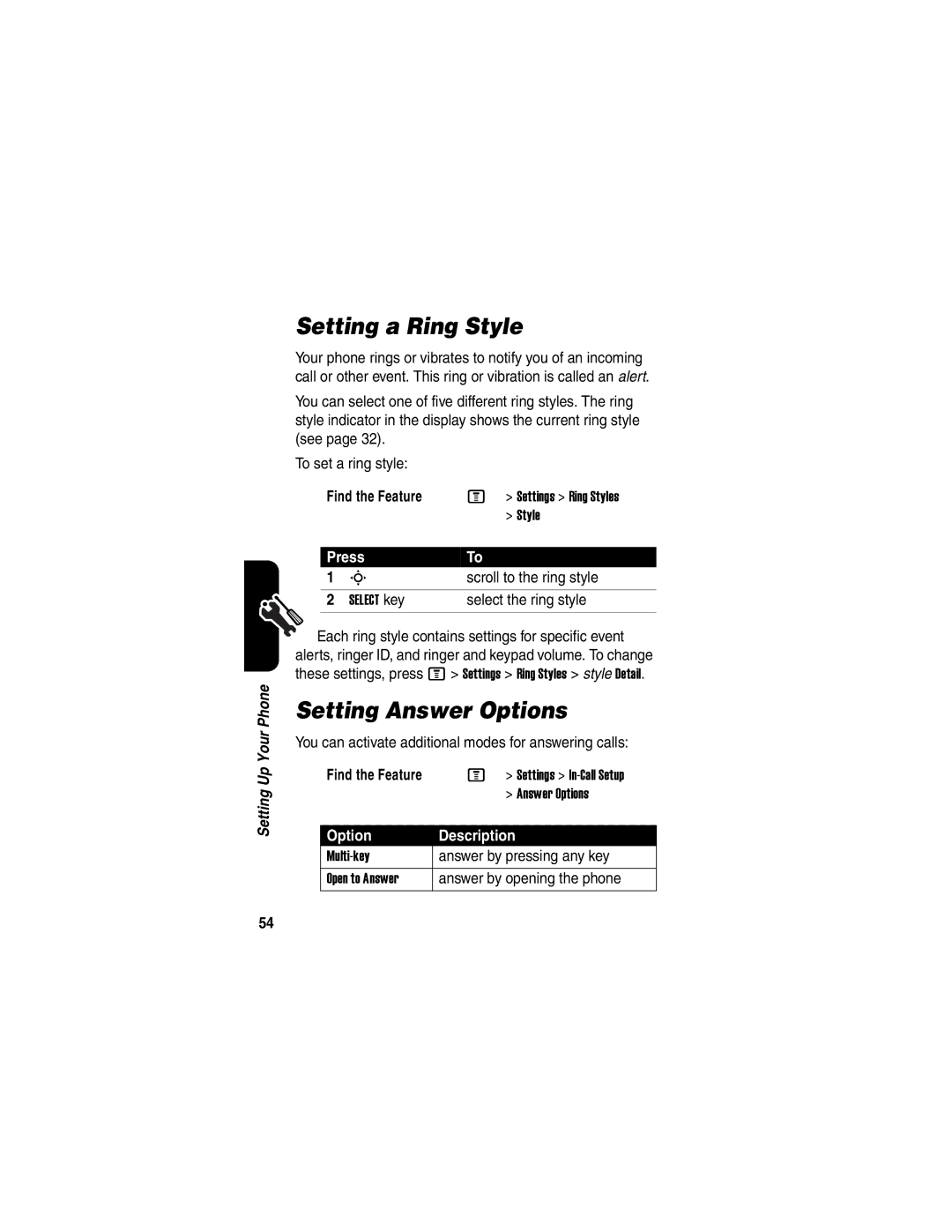 Motorola V635 manual Setting a Ring Style, Setting Answer Options 