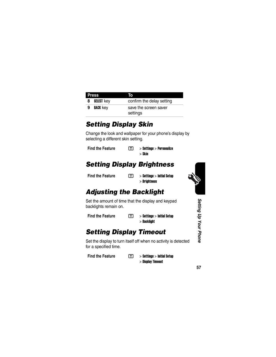 Motorola V635 manual Setting Display Skin, Setting Display Brightness, Adjusting the Backlight, Setting Display Timeout 