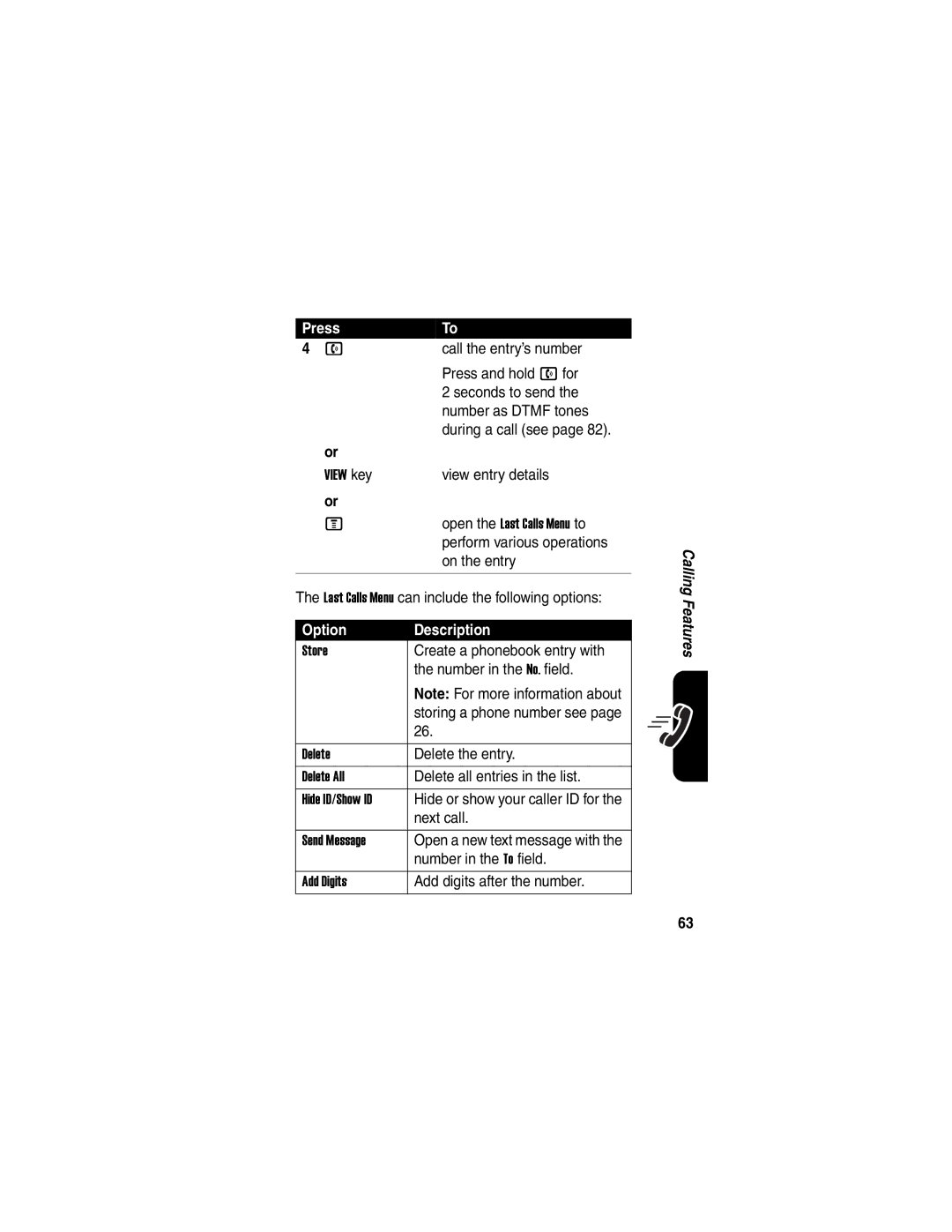 Motorola V635 Call the entry’s number, Press and hold n for, Seconds to send, Number as Dtmf tones, View entry details 