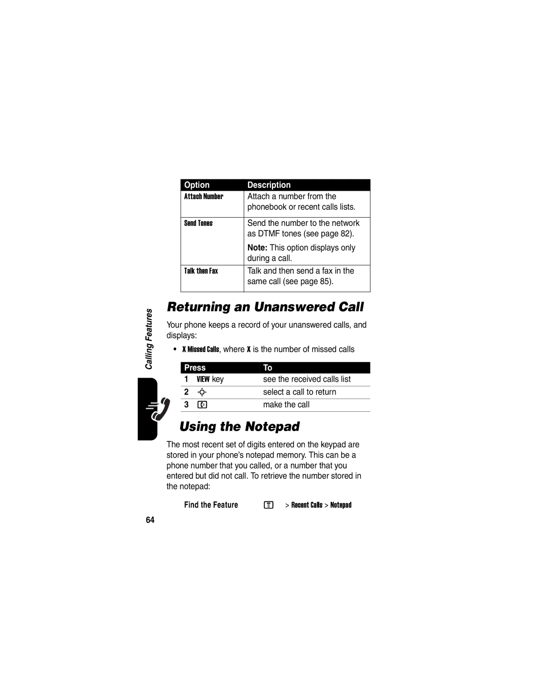 Motorola V635 manual Returning an Unanswered Call, Using the Notepad 