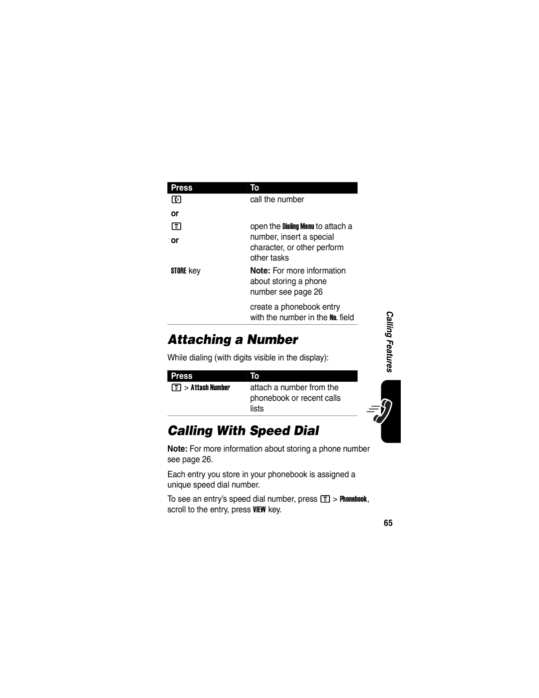 Motorola V635 manual Attaching a Number, Calling With Speed Dial 