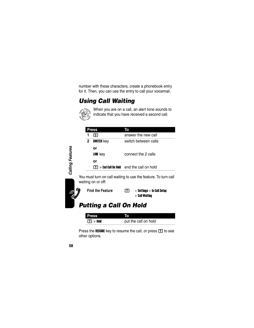 Motorola V635 manual Using Call Waiting, Putting a Call On Hold 