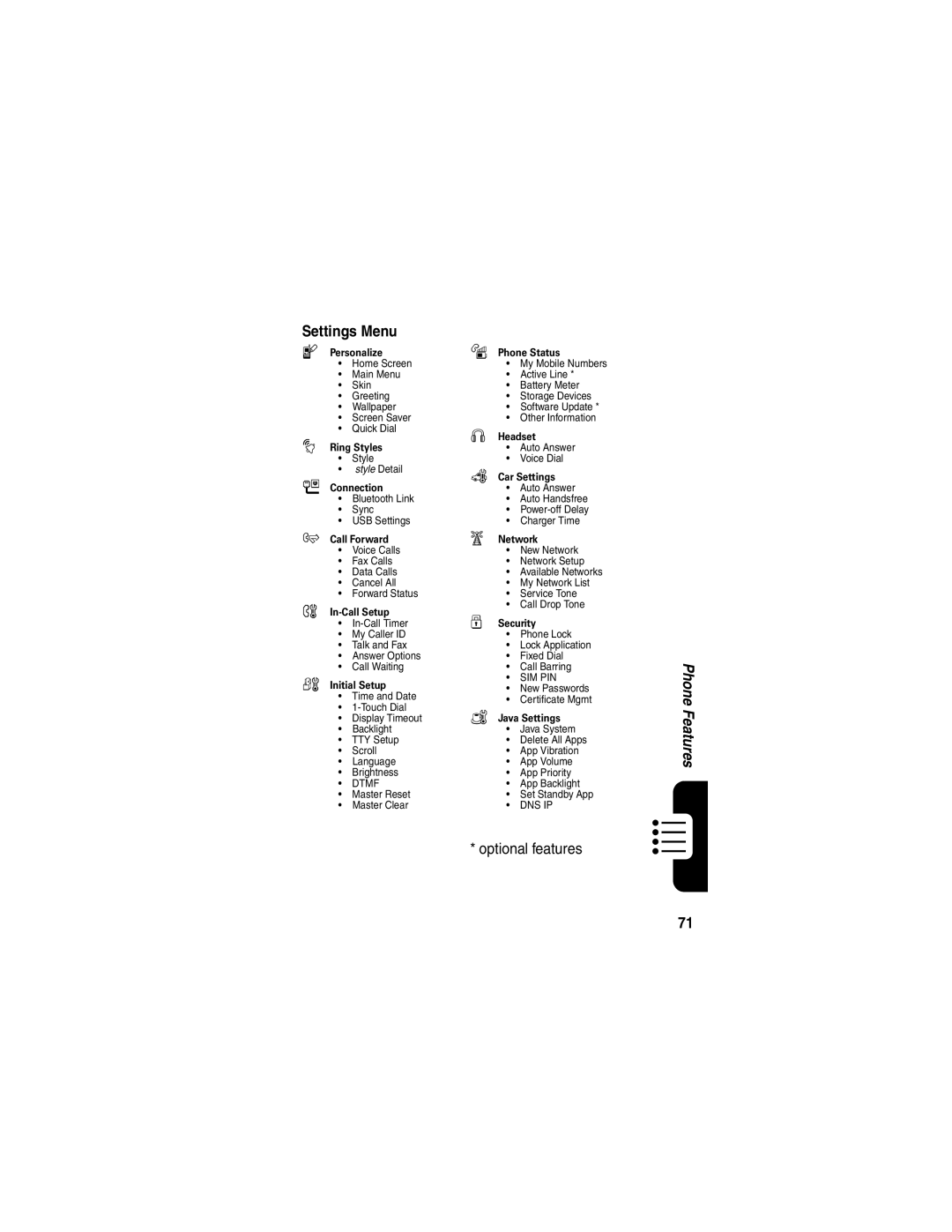 Motorola V635 manual Settings Menu, Personalize Phone Status 