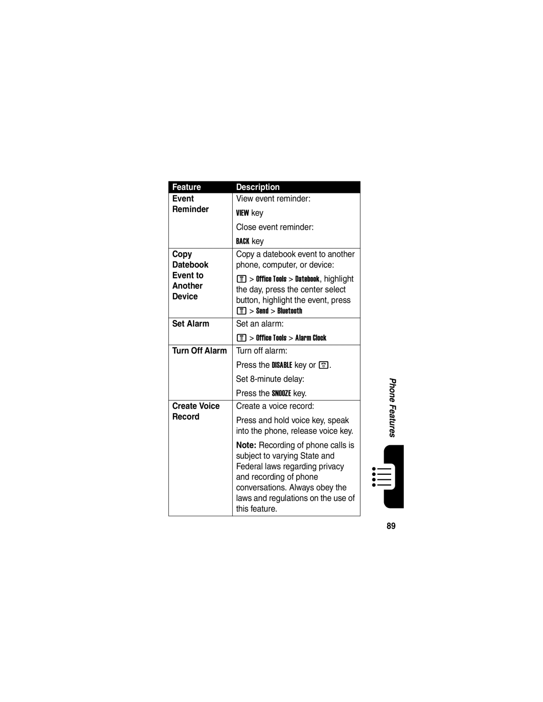 Motorola V635 manual Reminder, Event to, Set Alarm, Create Voice, Record 