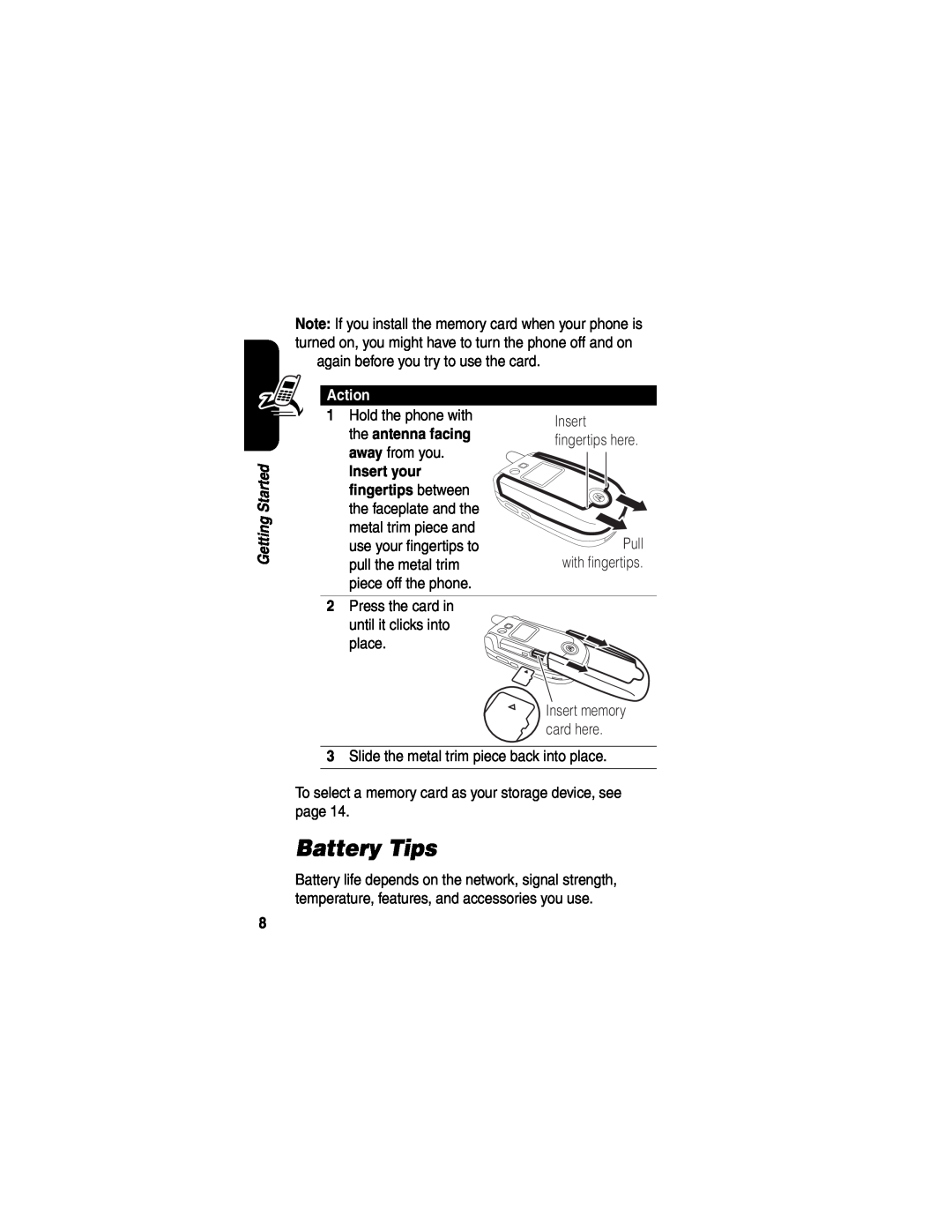 Motorola V635 manual Battery Tips, Action, the antenna facing, Insert your, fingertips between 