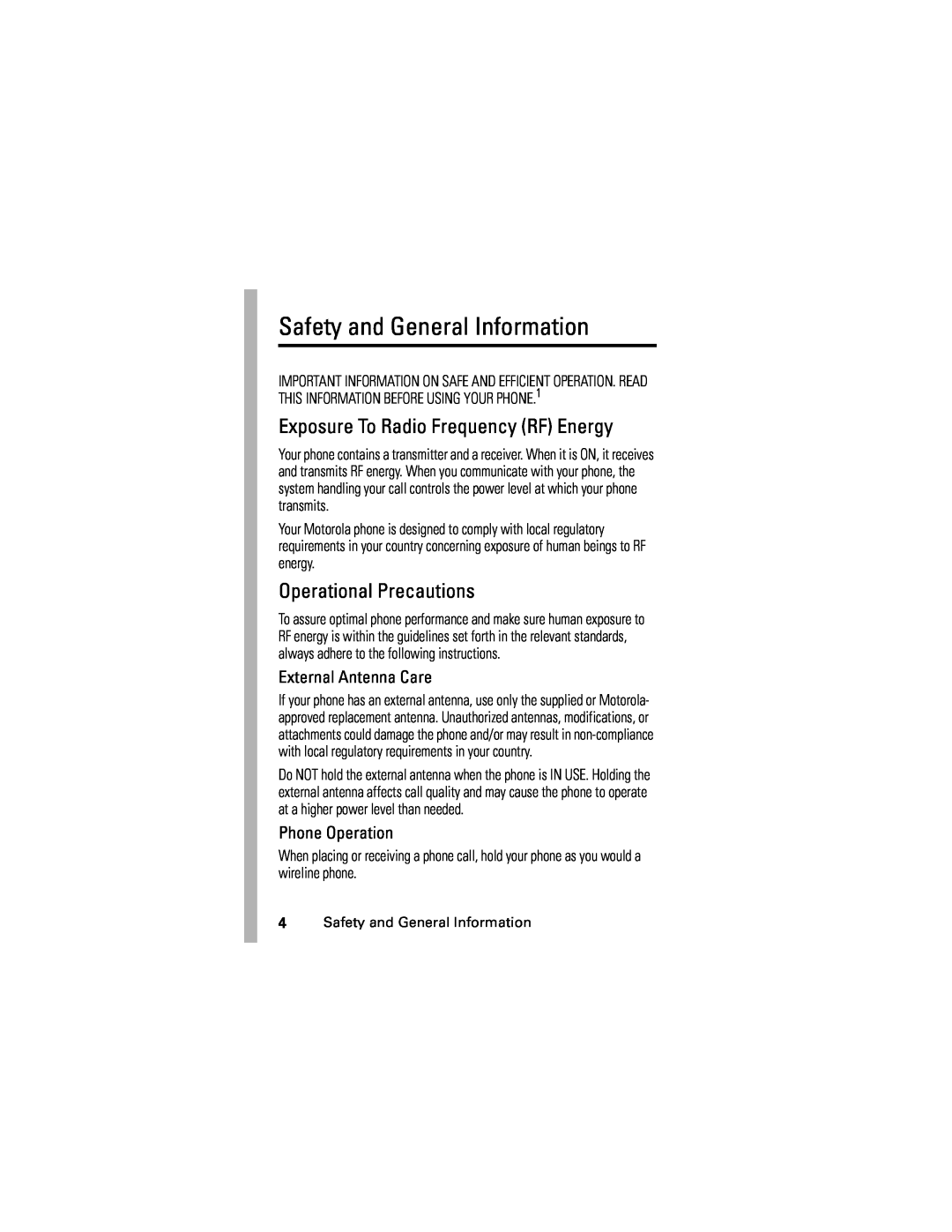Motorola V635 manual Safety and General Information, Exposure To Radio Frequency RF Energy, Operational Precautions 