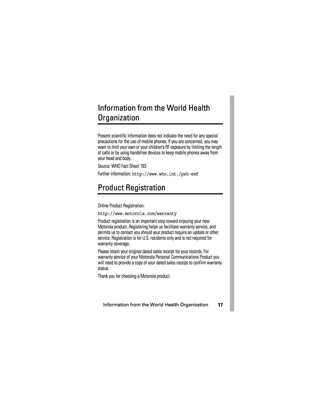 Motorola V635 manual Information from the World Health Organization, Product Registration, Source WHO Fact Sheet 