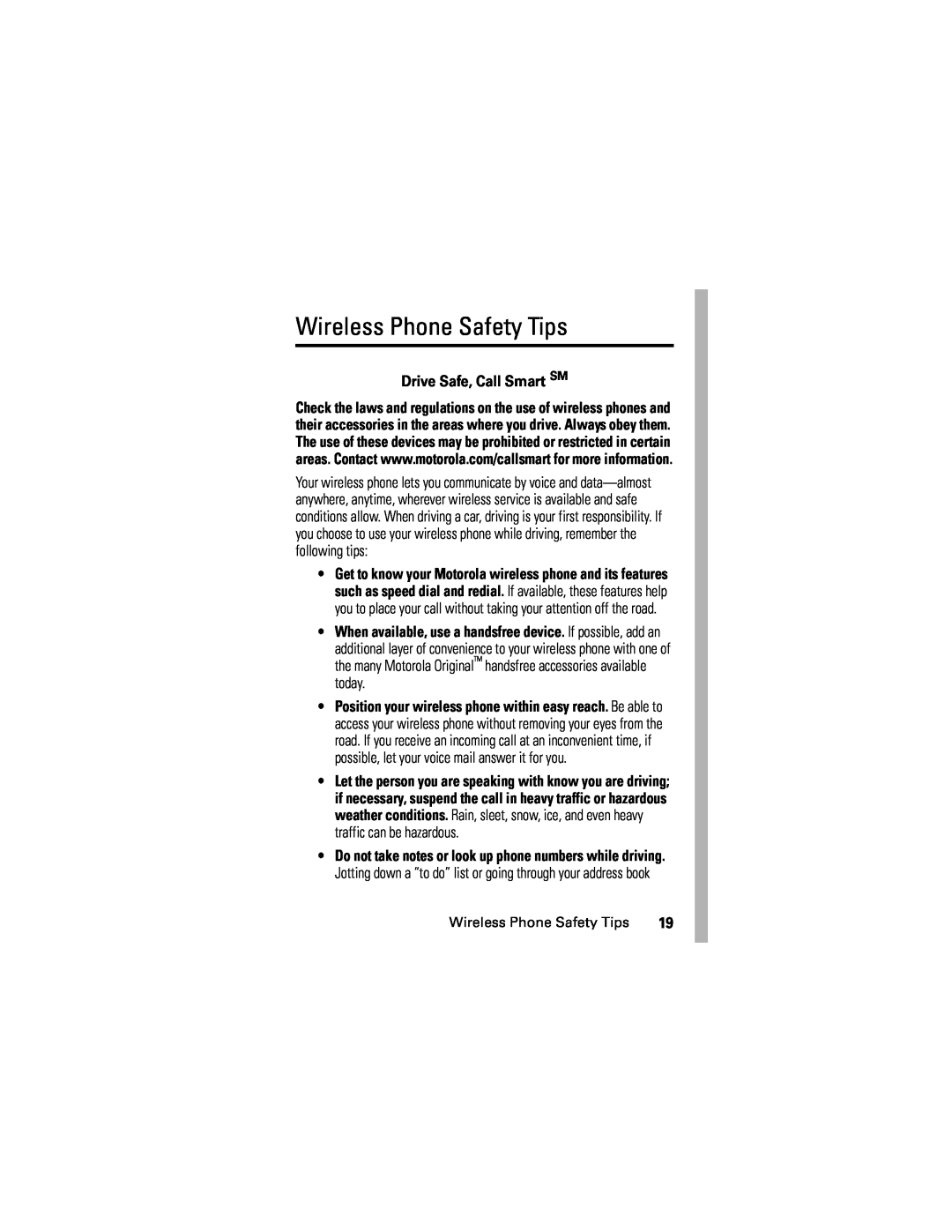 Motorola V635 manual Wireless Phone Safety Tips, Drive Safe, Call Smart SM 
