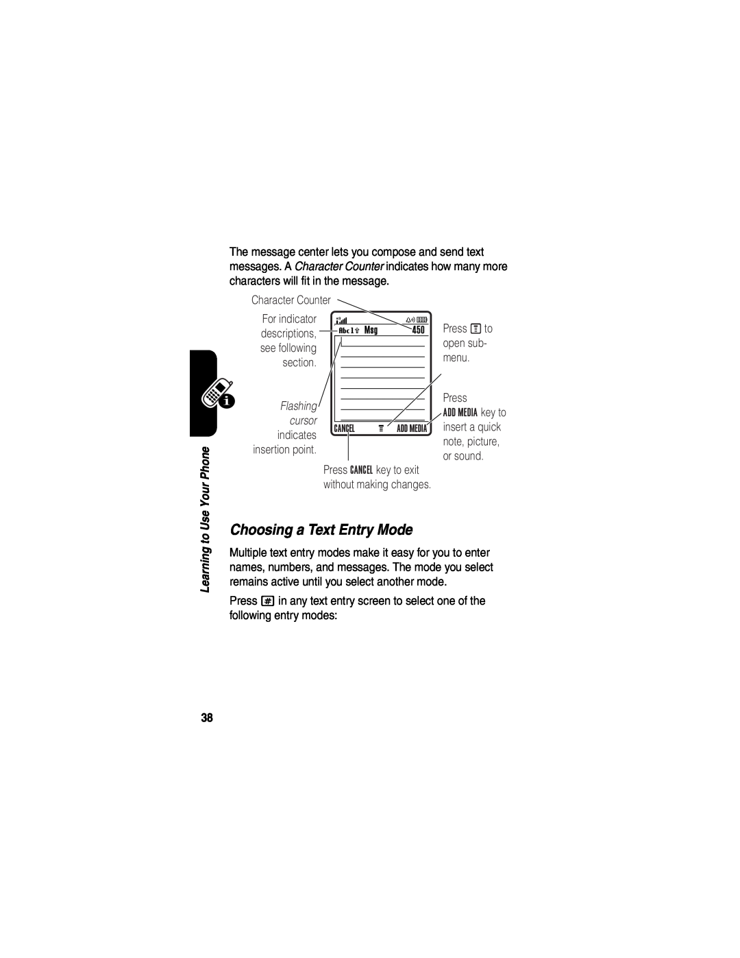 Motorola V635 manual Choosing a Text Entry Mode, Flashing, cursor 