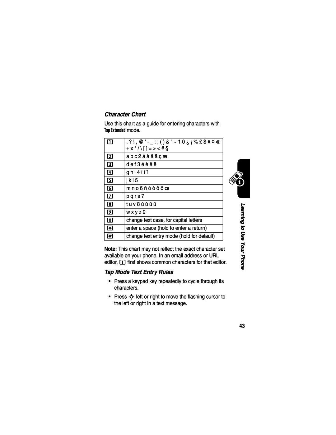 Motorola V635 manual Character Chart, Tap Mode Text Entry Rules 