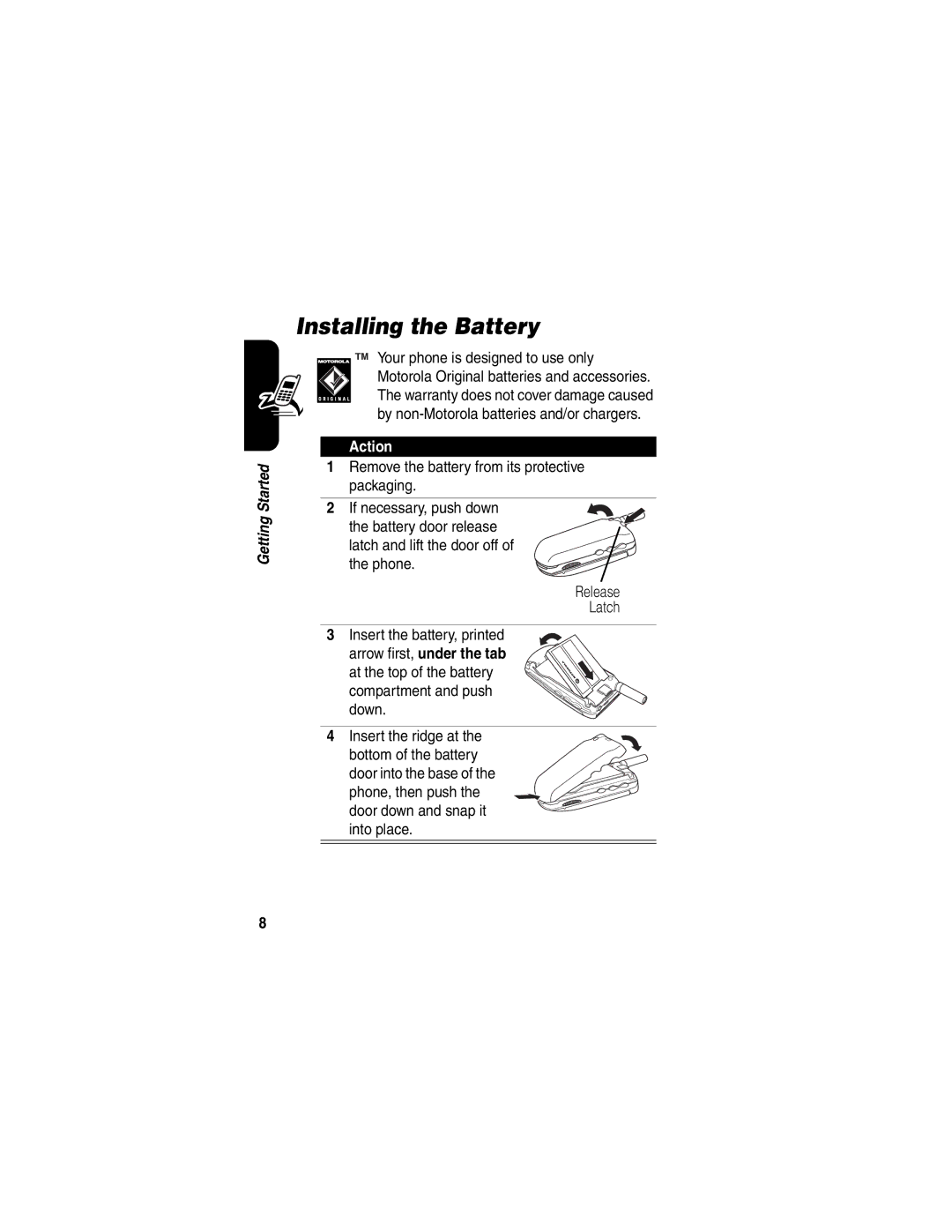 Motorola V65p manual Installing the Battery, Action 