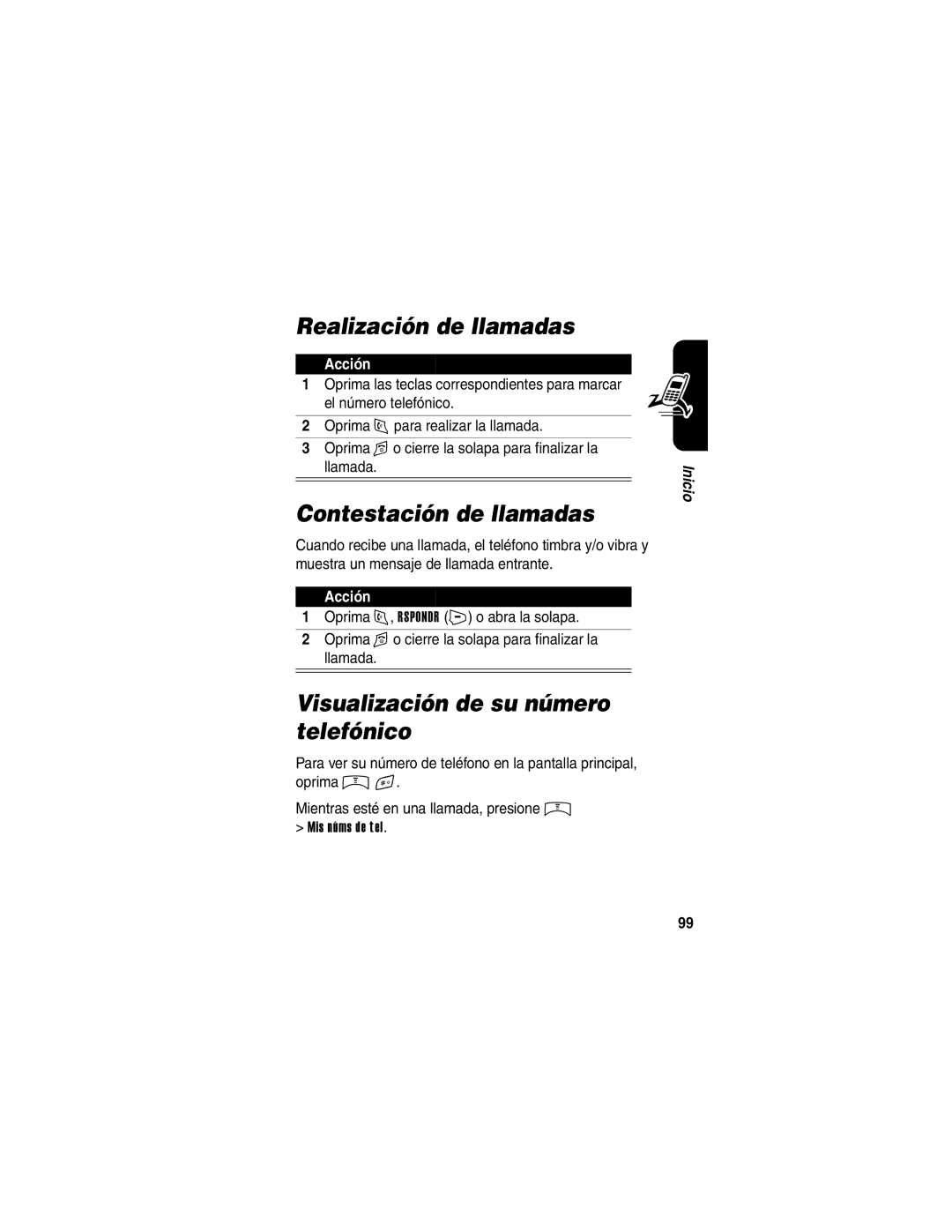 Motorola V65p manual Realización de llamadas, Contestación de llamadas, Visualización de su número telefónico 