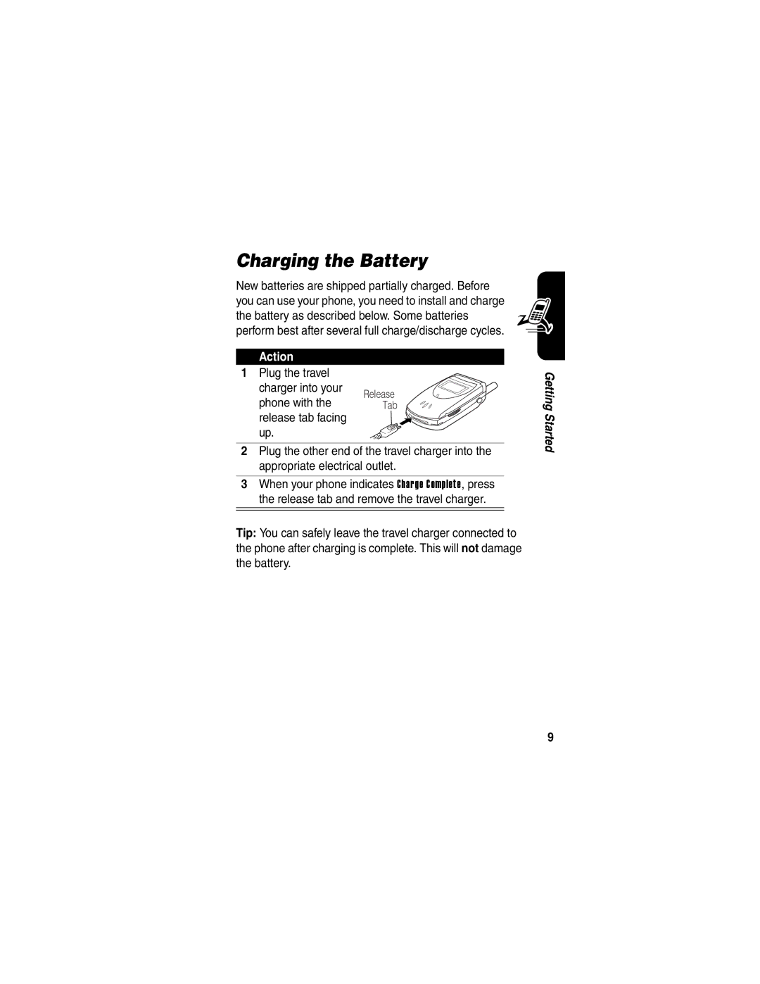 Motorola V65p manual Charging the Battery, Plug the travel Charger into your, Phone with, Release tab facing 