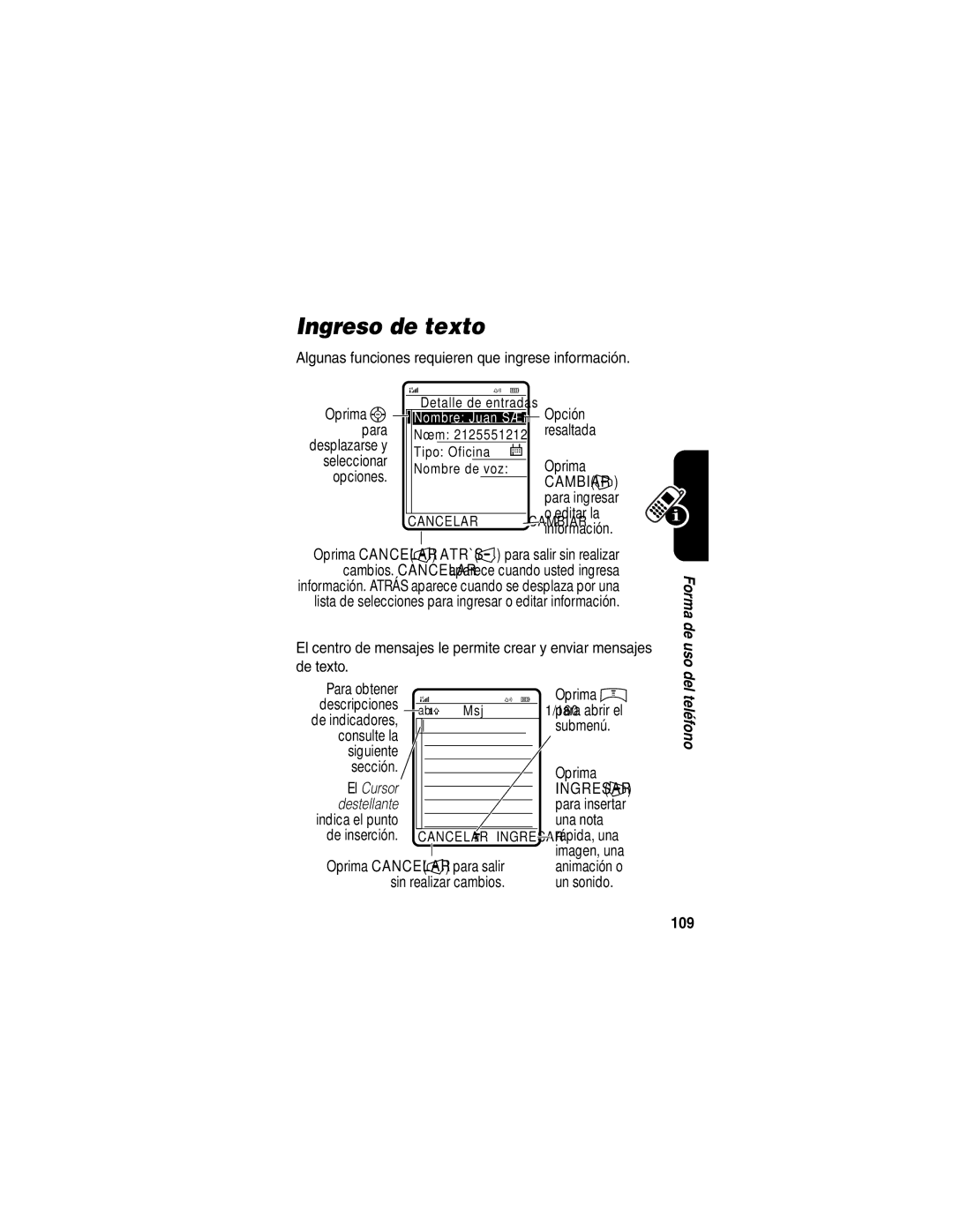 Motorola V65p manual Ingreso de texto, 109 