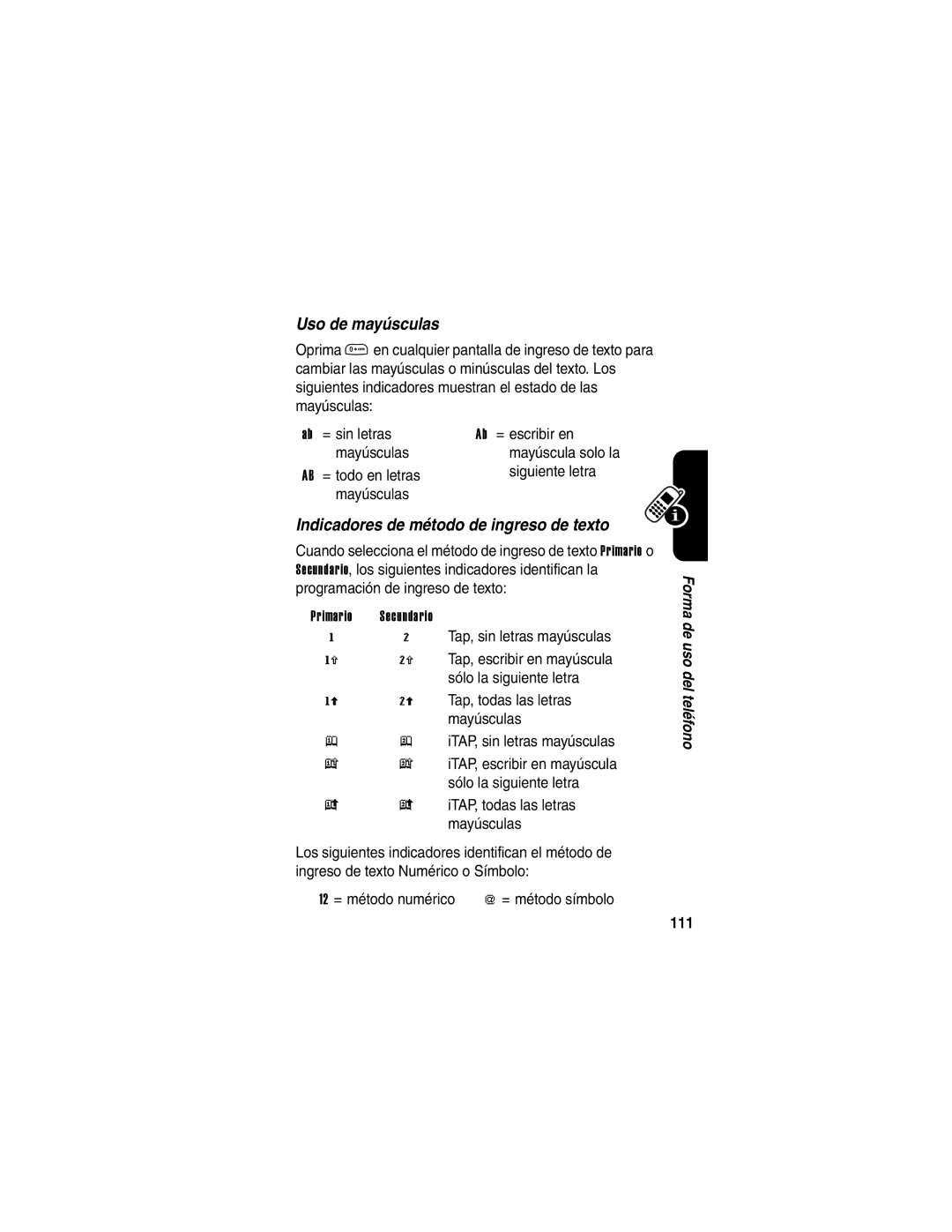 Motorola V65p Uso de mayúsculas, Indicadores de método de ingreso de texto, Siguiente letra, 12 = método numérico, 111 