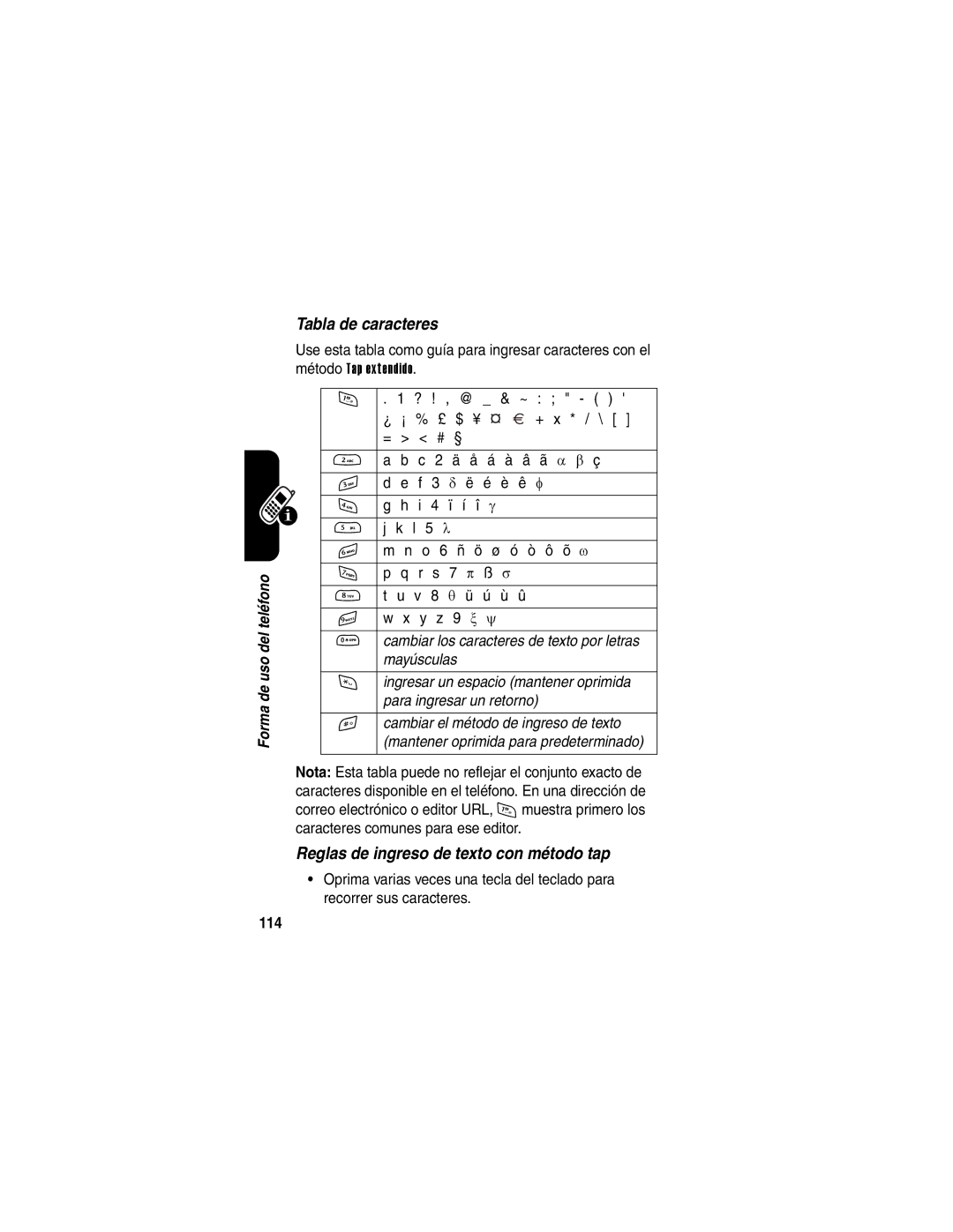 Motorola V65p manual Tabla de caracteres, Reglas de ingreso de texto con método tap, 114 