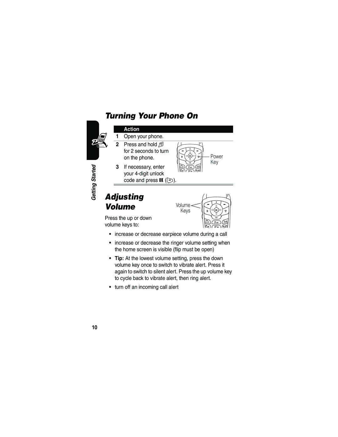 Motorola V65p manual Turning Your Phone On, Adjusting Volume 