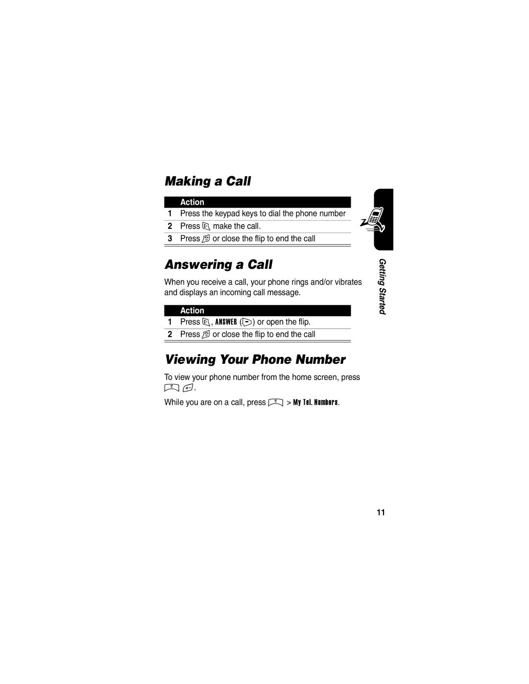 Motorola V65p manual Making a Call, Answering a Call, Viewing Your Phone Number 