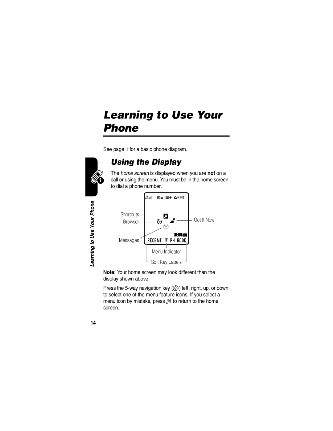 Motorola V65p Learning to Use Your Phone, Using the Display, See page 1 for a basic phone diagram, Browser, Menu Indicator 