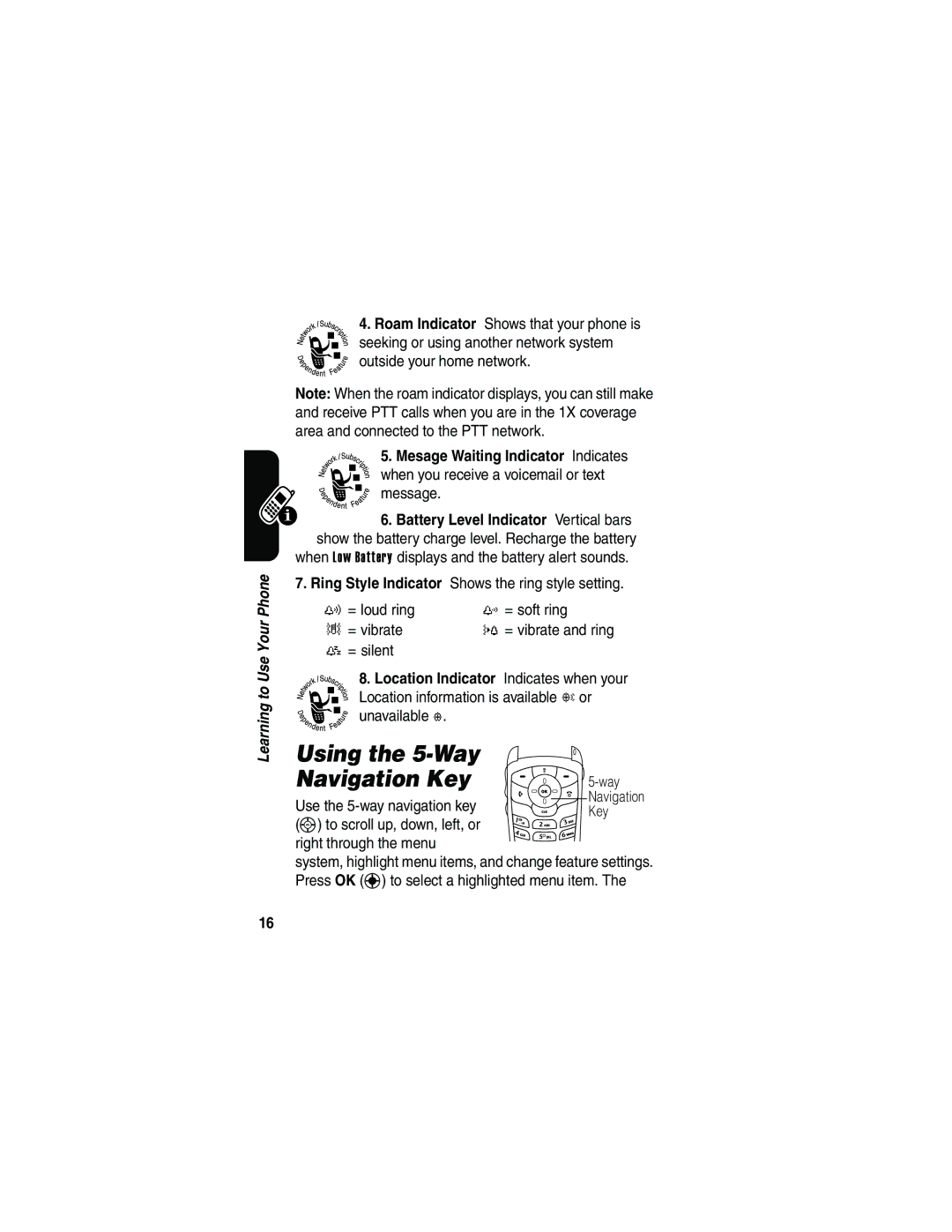 Motorola V65p manual Using the 5-Way, Navigation Key 