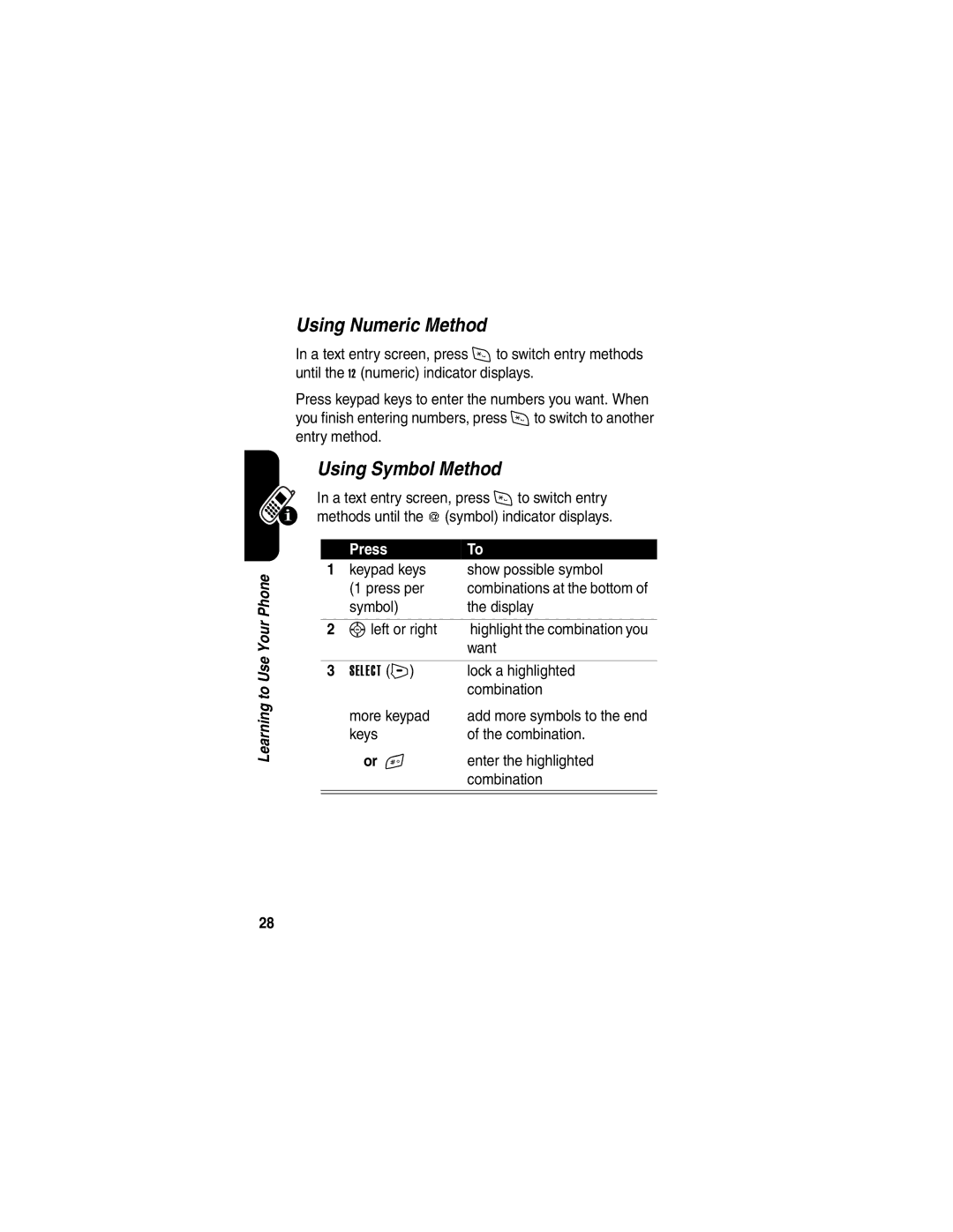 Motorola V65p manual Using Numeric Method, Using Symbol Method, Keypad keys Show possible symbol Press per 