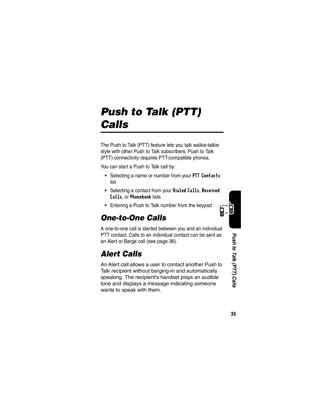 Motorola V65p manual Push to Talk PTT Calls, One-to-One Calls, Alert Calls 