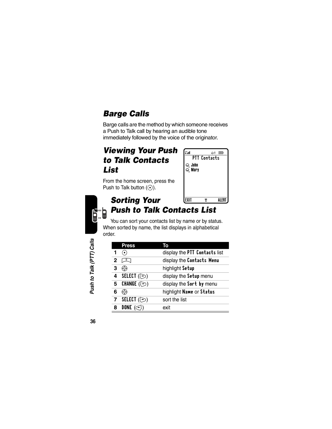 Motorola V65p Barge Calls, Viewing Your Push to Talk Contacts List, Sorting Your Exit M Alert Push to Talk Contacts List 