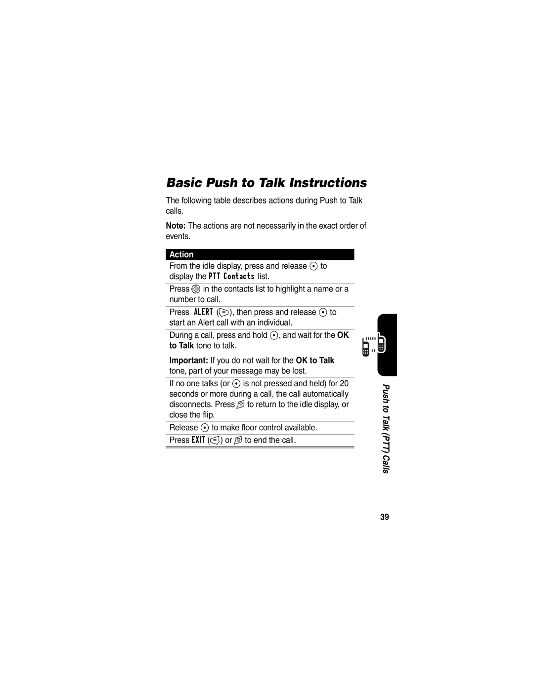 Motorola V65p manual Basic Push to Talk Instructions, Following table describes actions during Push to Talk calls 