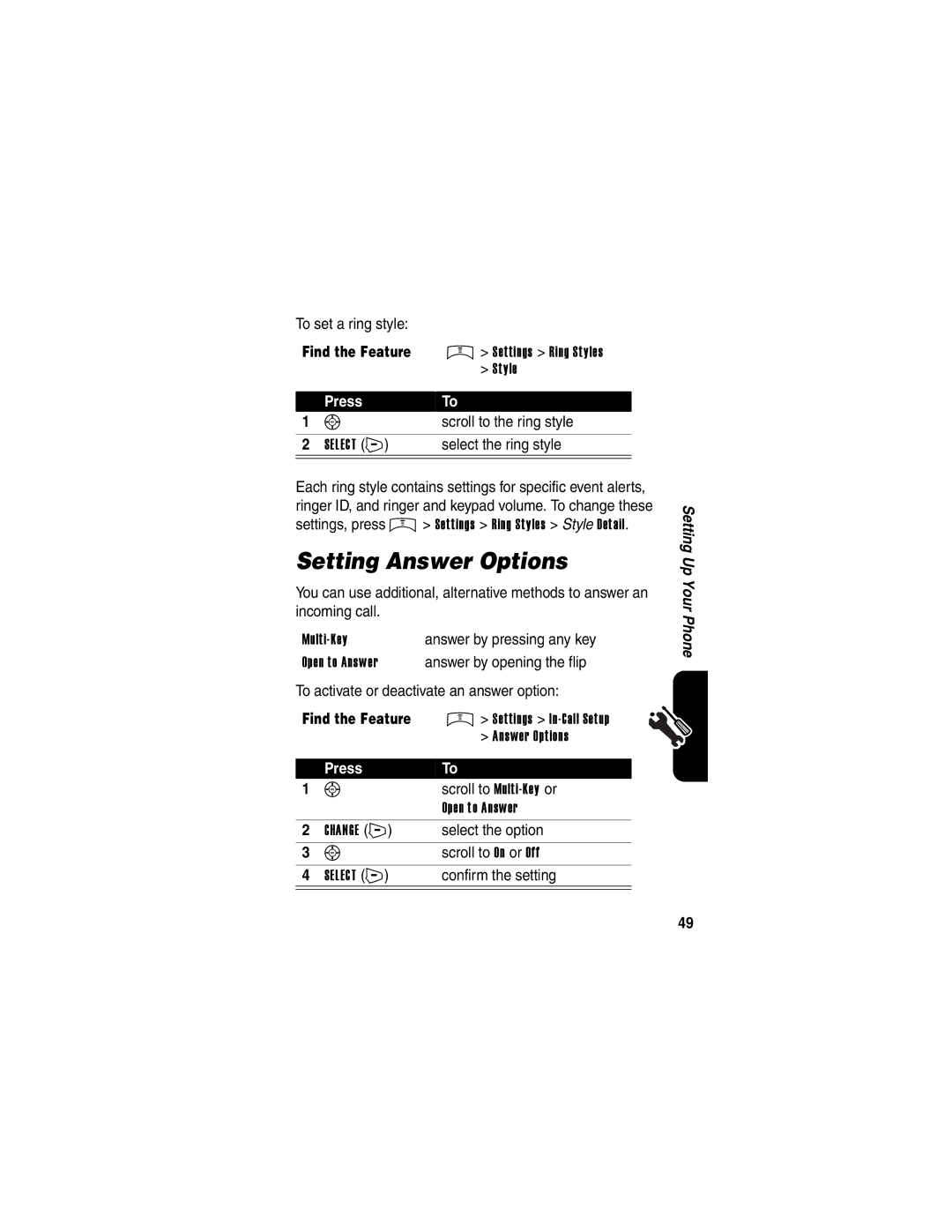 Motorola V65p manual Setting Answer Options 