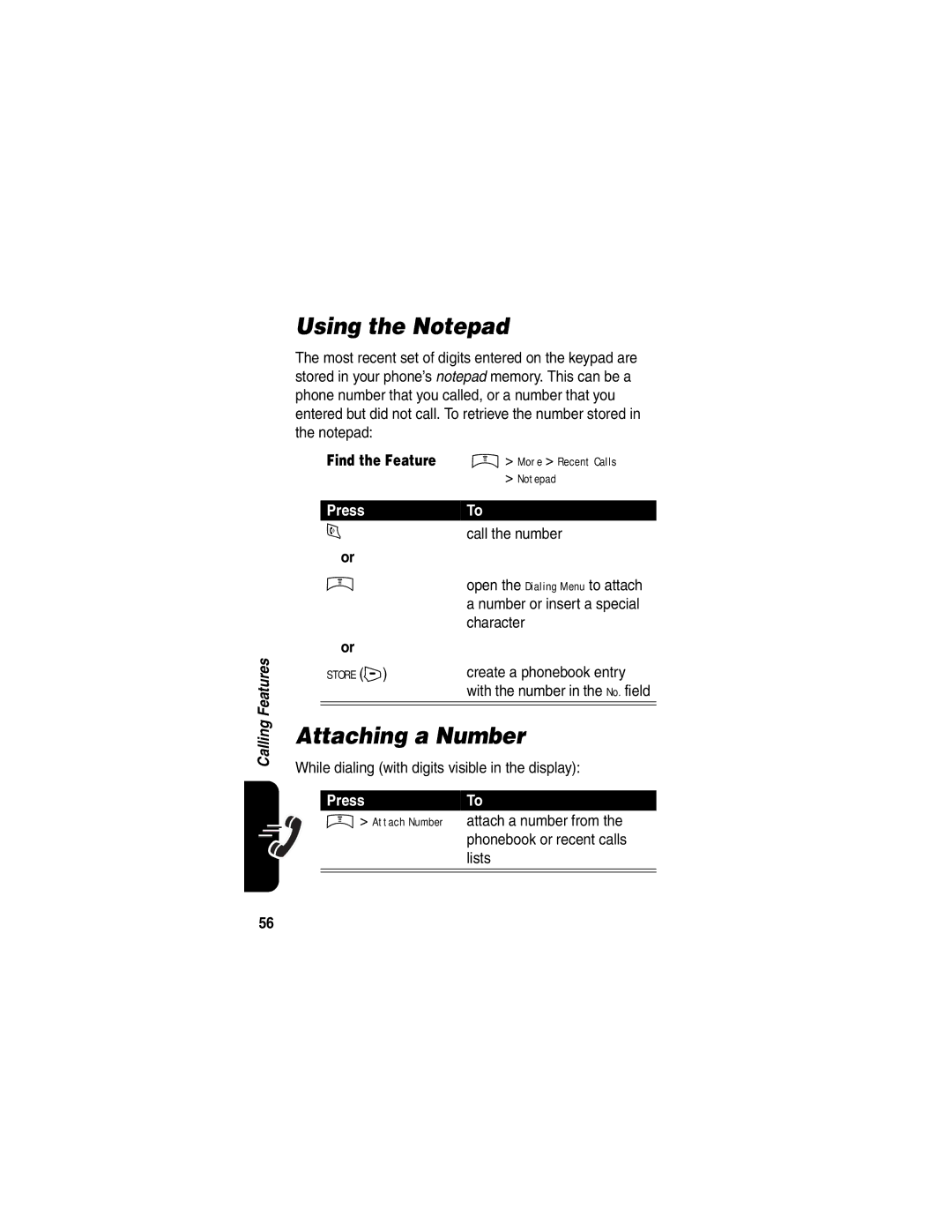 Motorola V65p Using the Notepad, Attaching a Number, Call the number, While dialing with digits visible in the display 