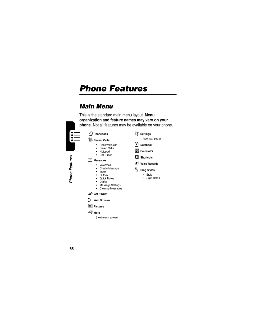 Motorola V65p manual Phone Features, Main Menu 