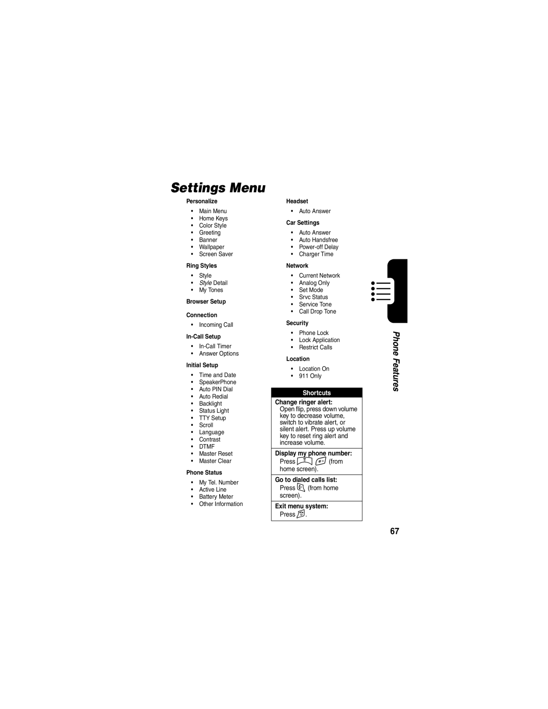 Motorola V65p manual Settings Menu, Initial Setup 