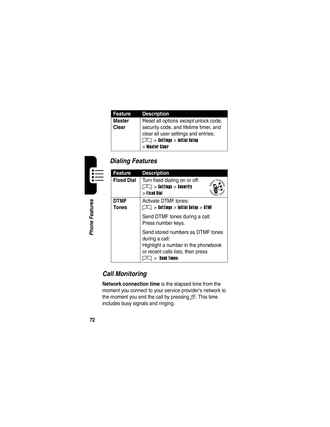 Motorola V65p manual Dialing Features, Call Monitoring, Clear, Fixed Dial, Tones 