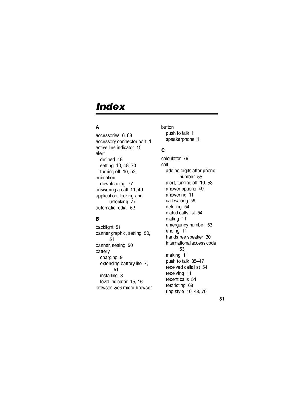 Motorola V65p manual Index, Animation downloading 