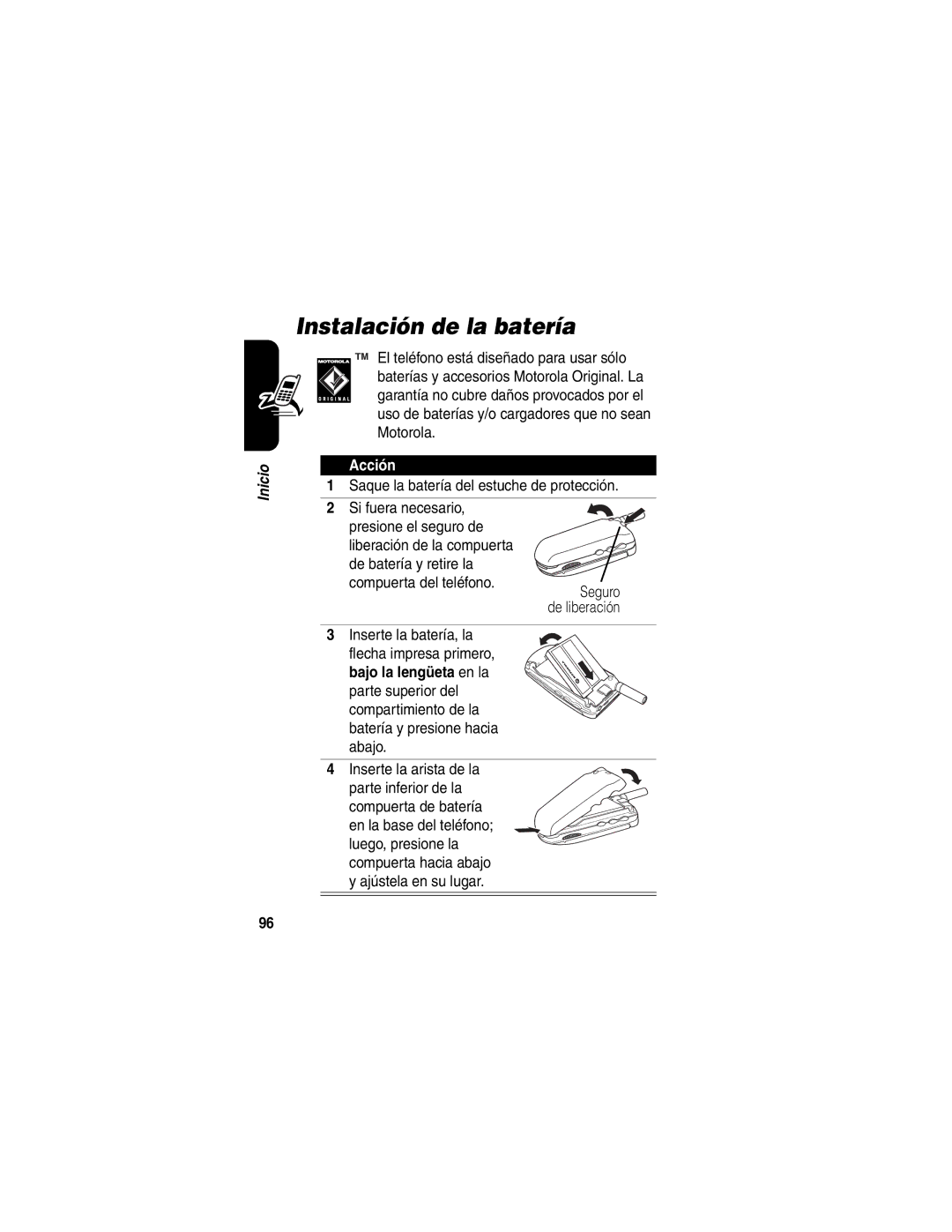 Motorola V65p manual Instalación de la batería, Saque la batería del estuche de protección 