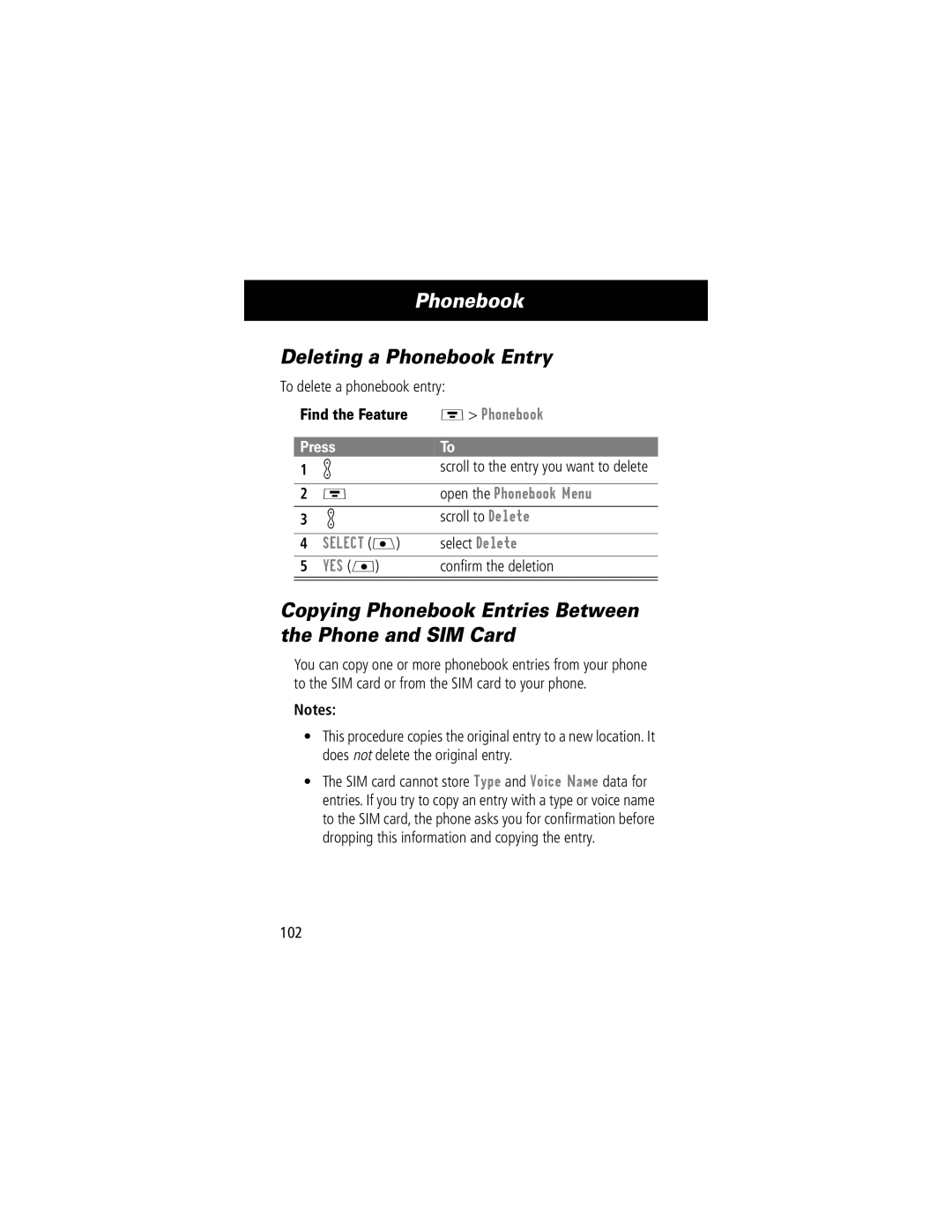 Motorola V70 manual Deleting a Phonebook Entry, Copying Phonebook Entries Between the Phone and SIM Card 