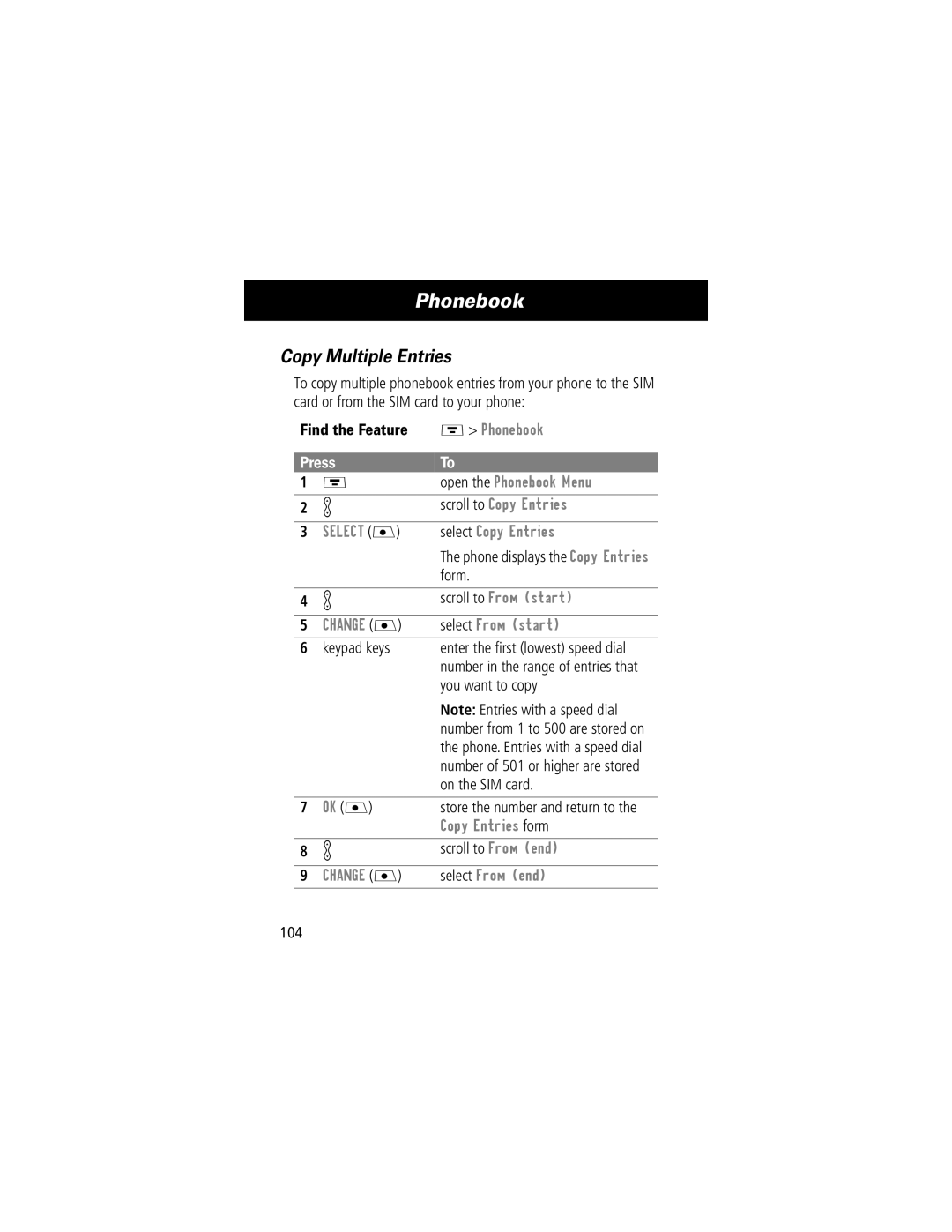 Motorola V70 manual Copy Multiple Entries, Form, You want to copy, Scroll to From end, 104 