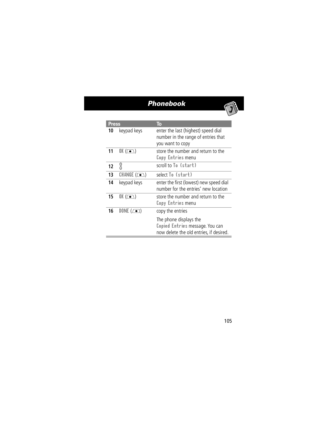 Motorola V70 manual Scroll to To start, Copy the entries, Phone displays, 105 