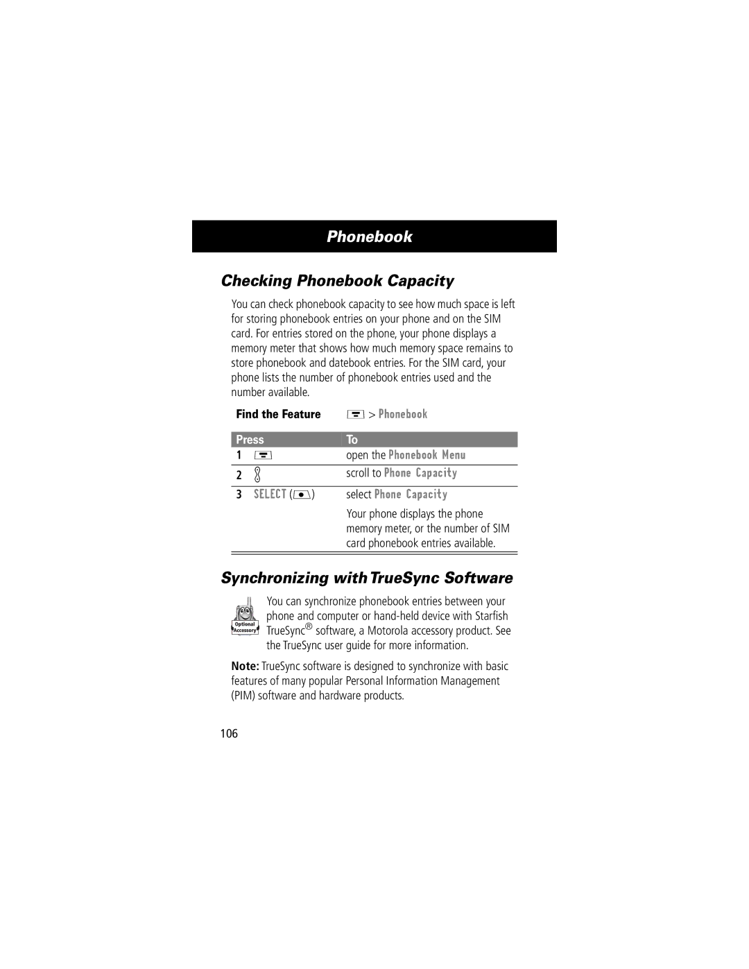 Motorola V70 manual Checking Phonebook Capacity, Synchronizing with TrueSync Software, Scroll to Phone Capacity 