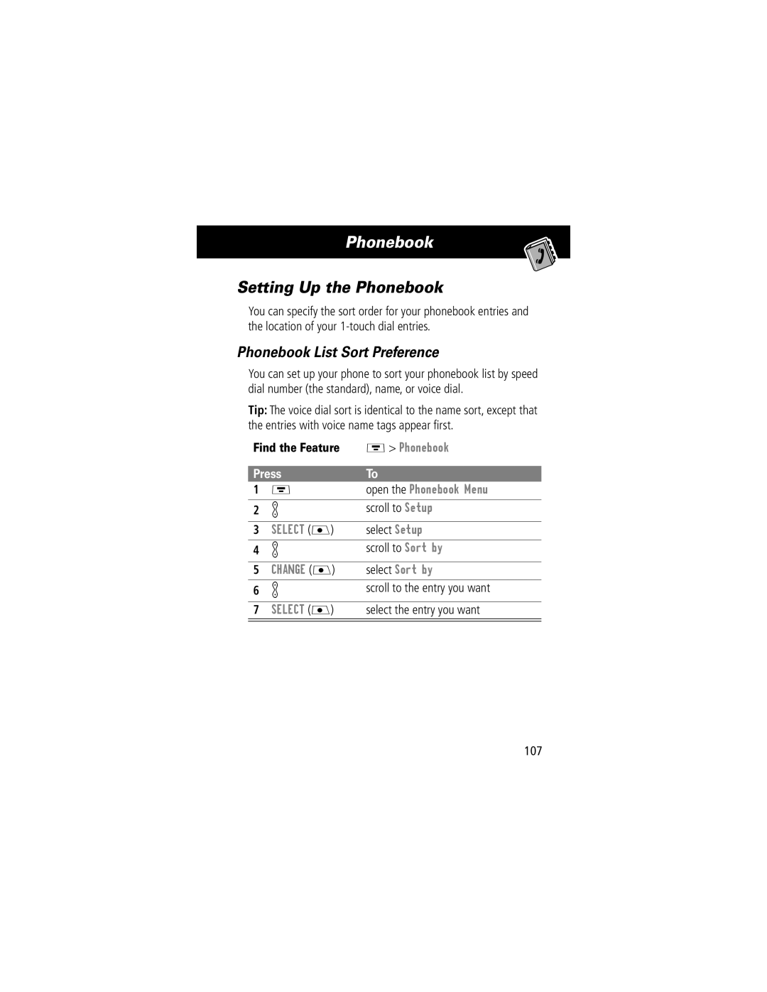 Motorola V70 manual Setting Up the Phonebook, Phonebook List Sort Preference 