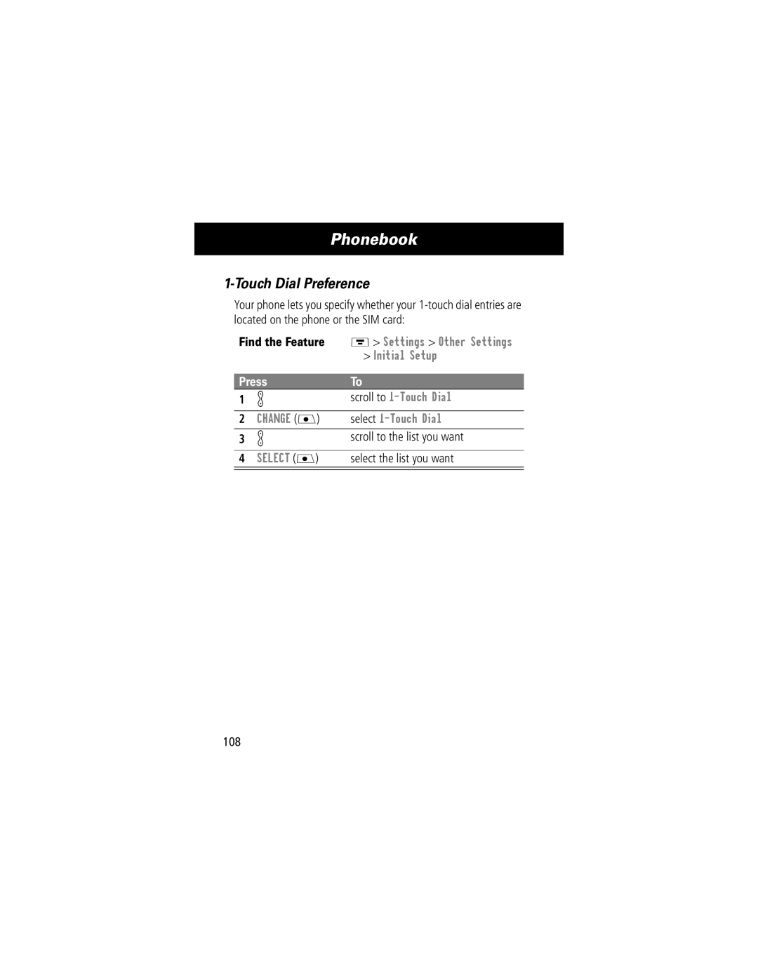 Motorola V70 manual Touch Dial Preference, Scroll to the list you want, Select the list you want, 108 