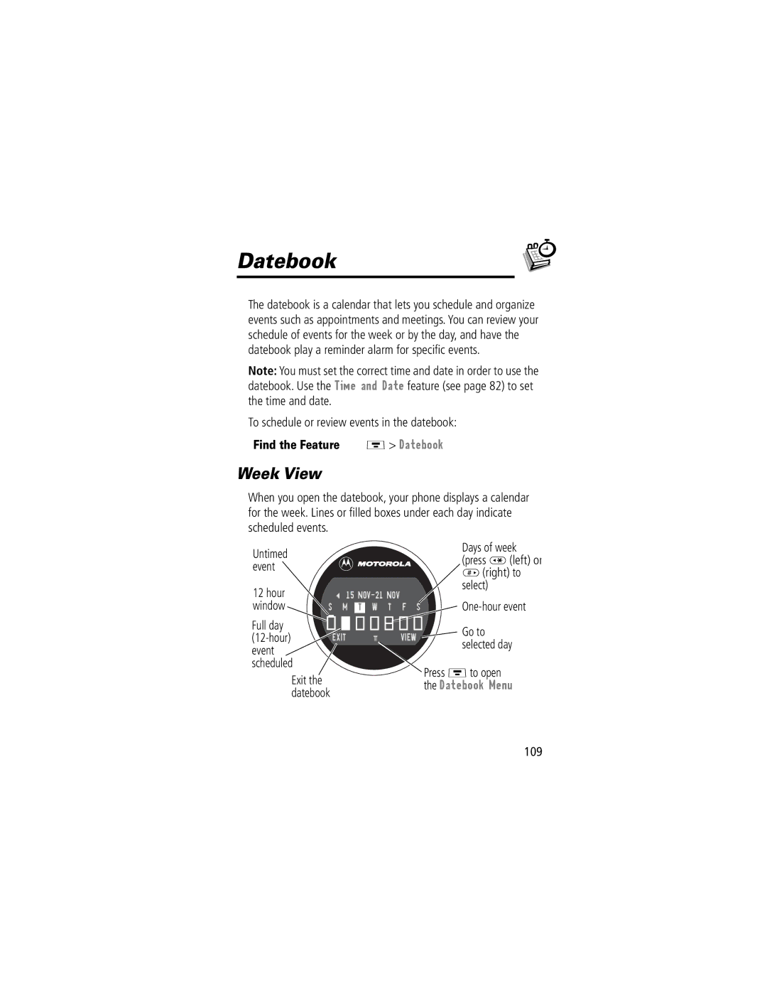 Motorola V70 manual Datebook, Week View, To schedule or review events in the datebook, Scheduled 