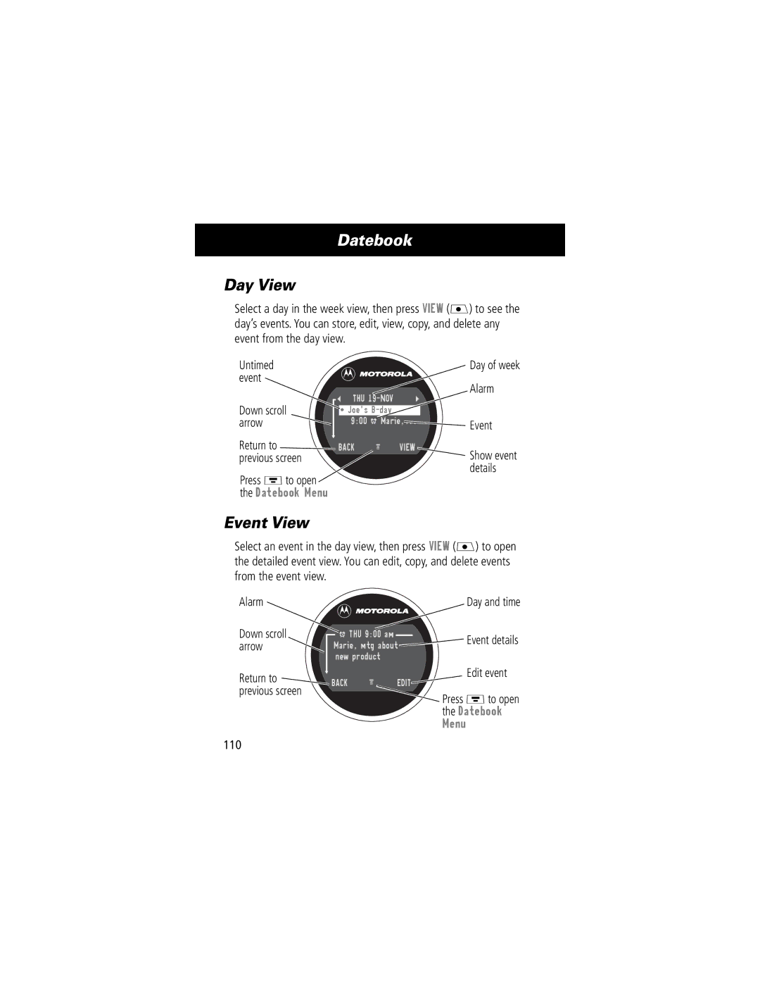 Motorola V70 manual Datebook, Day View, Event View, Details, Day and time Event details Edit event 